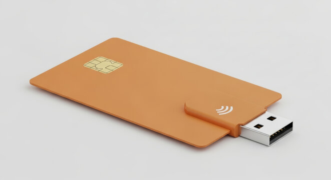A minimalist 3D render of an orange credit card featuring a gold chip and a built-in USB-A plug on a clean white background. This visual represents modern fintech, secure digital payments, and hardwar