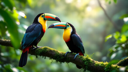 Fototapeta premium Pair of Colorful Toucans on Mossy Branch