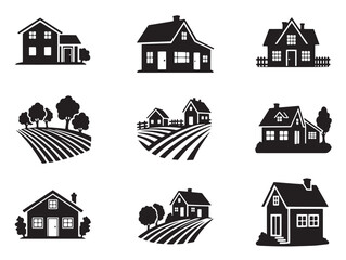 A set of black and white icons depicting farmhouses and farmland © Jasmin