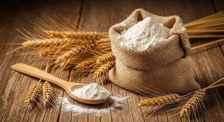 Obraz premium Natural wheat flour and ripe wheat ears on rustic wooden table, baking ingredients