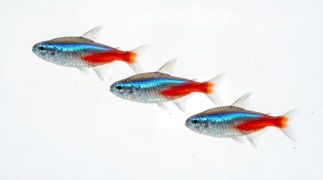 Three vibrant neon tetra fish swimming in a diagonal formation showing their bright blue stripes