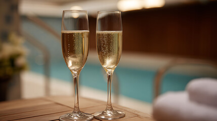 Fototapeta premium Two elegant glasses of bubbly next to a serene pool, evoking relaxation and celebration, perfect for luxury lifestyle designs and advertisements