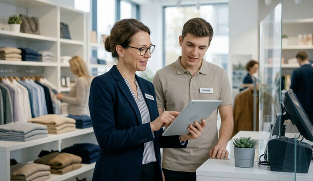 Shop assistants using a digital tablet to check inventory in a modern clothing store.