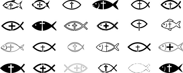 Bold Ichthys Christian fish symbol silhouette collection, hand-drawn ichthys symbol inside the fish, a simple upright black cross is placed centrally on white background. © Madusanka