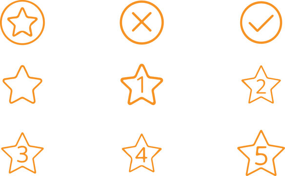 Set of nine yellow outline icons: stars, checkmark, cross, numbers 1-5