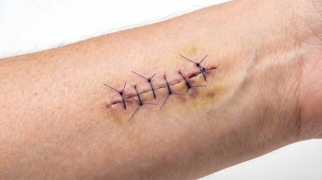 macro close-up of stitched surgical wound with sutures healing medical concept