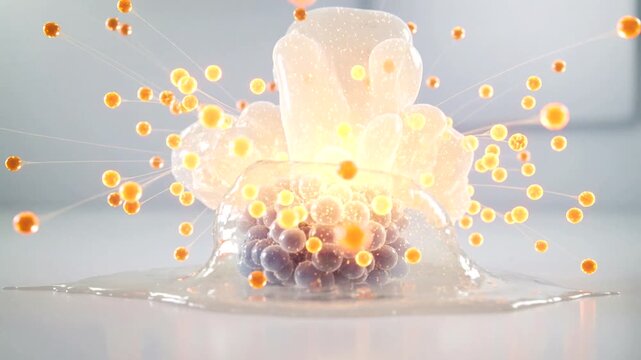 Blue spheres submerged in translucent liquid, gradually expanding and releasing orange particles, creating a dynamic visual effect in a bright, minimalistic setting