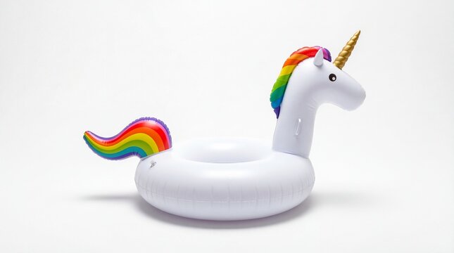 A large inflatable white unicorn pool float with a rainbow colored mane and a golden spiral horn