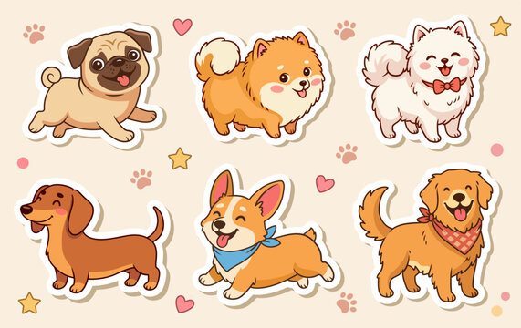 Cute dogs cartoon stickers set. Funny Kawaii puppies illustrations collection with different breeds.