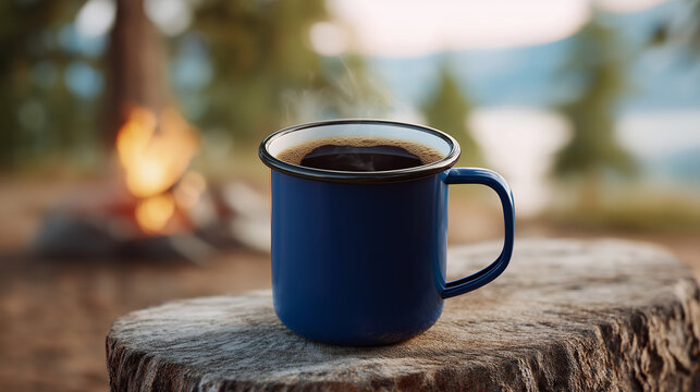 Blue enamel mug with steaming hot black coffee resting on a rustic wooden stump. Campsite background with a glowing campfire. Outdoors lifestyle, mountain adventure and camping concept.