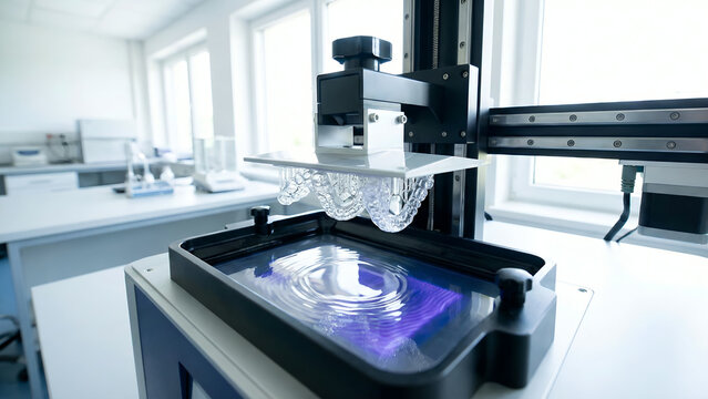 High-Tech 3D Printer Producing Clear Dental Aligners in Laboratory