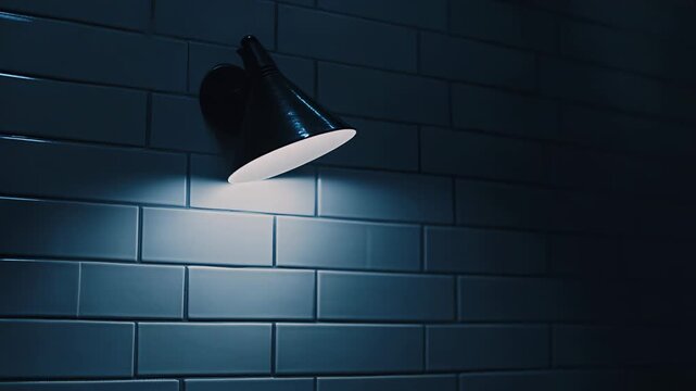 Wall mounted lamp casts cool blue spotlight across glossy subway tiles, highlighting texture and clean lines with dramatic shadow and minimalist contemporary interior mood