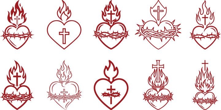 Line art of a jesus sacred heart icon collection, bold black strokes and stylized flowing flames, simple cross integrated into the flame base religious symbol on white background.
