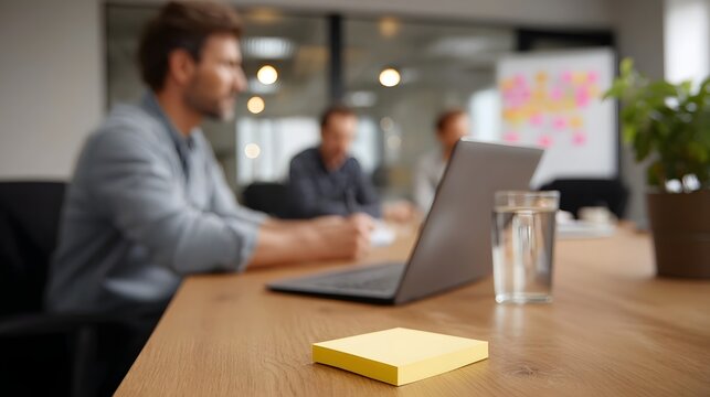 Blurred view of a business meeting with team collabo n laptops and sticky notes on a wooden table