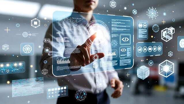 Man in a futuristic environment. A man is immersed in a holographic interface, touching virtual data with a blend of augmented reality and technology, representing progress.