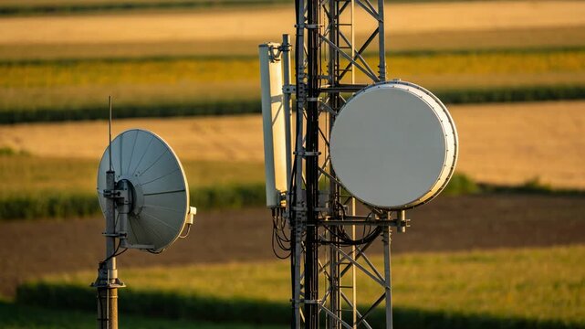 Medium shot of a small wireless relay tower with dishes delivering broadband amid expansive farmland main tower in sharp focus with blurred crop fields in the background.