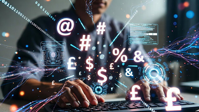 A person navigates a digital landscape, surrounded by an array of symbols and codes, highlighting the evolving world of technology and information.