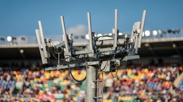 Medium shot of stadium antennas sharply focused with blurred crowd seating capturing sectorized coverage during a bright daytime sports event.