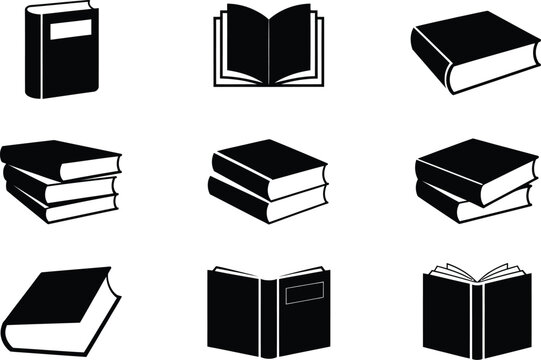 Black and white book icons: various representations of books, including closed, open, and stacked, for education and learning themes, Reading Material