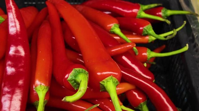Ripe fresh red cayenne peppers in supermarket, natural background