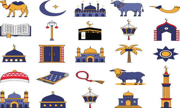 An illustrated collection displays various islamic cultural symbols including architecture animals religious objects and traditional decorative elements high-quality professional detailed modern elega