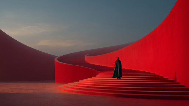 Figure traversing bright red stairs and architecture outdoors