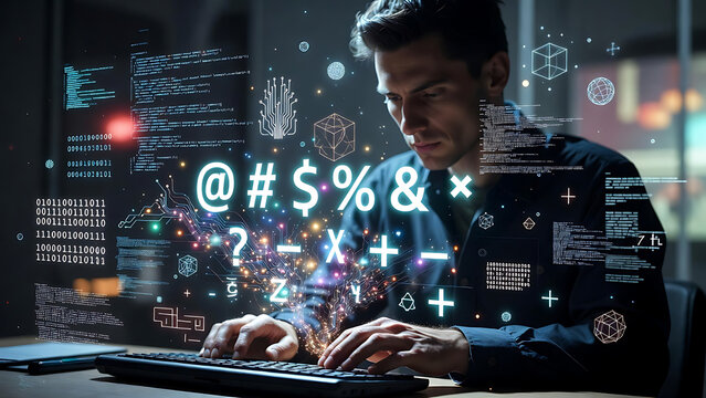 A man delves into the digital realm, immersed in a complex array of code and symbols, the essence of the modern digital world.