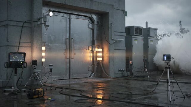 Medium shot highlighting a secure network facilitys reinforced entrance with emergency generators active set against blurred floodwaters and seismic monitoring equipment.