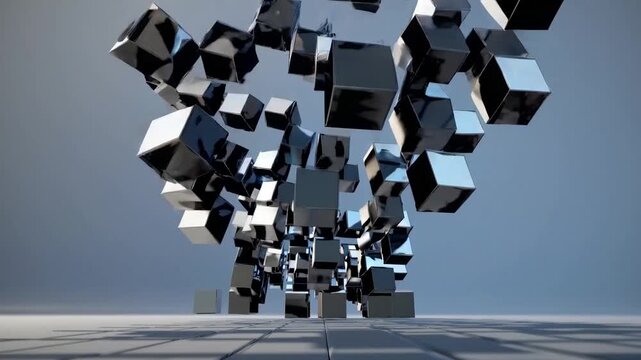 Reflective cubes tumble slowly down, Modern studio lighting highlights falling metallic cube formations, Slow motion sequence of metal cubes cascading over shiny reflective floors with shadows
