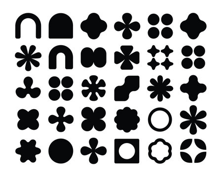 Retro badge and shape icons featuring arches, shields, quatrefoils, diamonds, rounded frames, logo mark elements, minimalist geometric vector pack collection