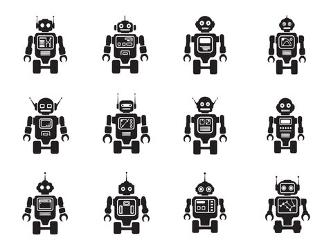 A group of black pixelated robot characters