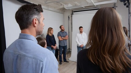 Obraz premium A diverse group of professionals observes an activity in a bright modern photography studio with white backdrops and lighting equipment