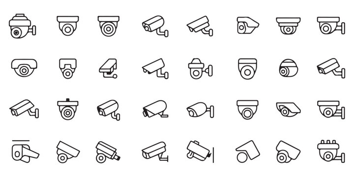Comprehensive Set of CCTV and Security Camera Icons with Thin Line Art Style