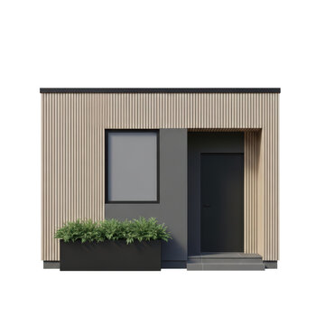 Modern Minimalist Building Facade with Vertical Siding and Planter