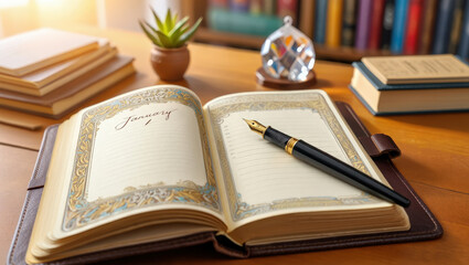 Naklejka premium A luxurious open planner, journal or diary rests on a office wooden desk, open to the New Year page, titled January 1 with a fountain pen, suggesting organization and future plans