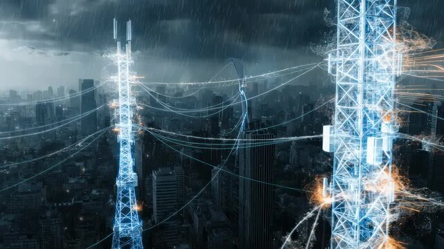 Medium shot focusing on a virtual twin of communication towers within a smart city with predictive analytics and scenariobased network stress tests displayed on the screen.