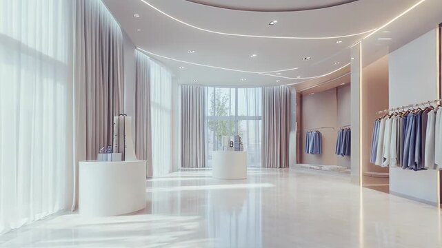 Contemporary boutique clothing store interior with high ceilings, large sheer curtained windows, recessed lighting and a minimalist men's shirt rack creating an airy, upscale atmosphere