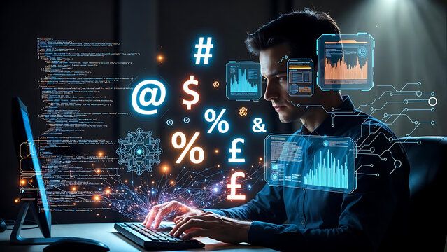 A skilled coder, immersed in his digital domain, meticulously types at the keyboard, surrounded by glowing data visualizations and symbolic icons. 