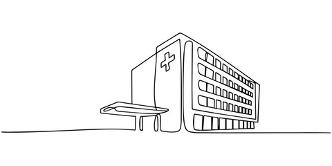 continuous one line drawing Simple line drawing of modern hospital building with cross symbol, no editable stroke © JCS Graphic Design 