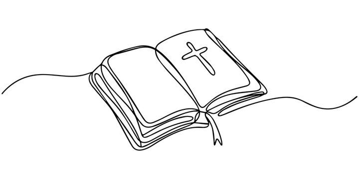 Continuous one line drawing silhouette of Bible. Bible linear icon. One line drawing background. Vector illustration. Line art of Bible Editable stroke