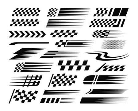 Racing stripes and checkered flag decals set, motorsport event poster elements, car show graphics, rally championship session branding assets