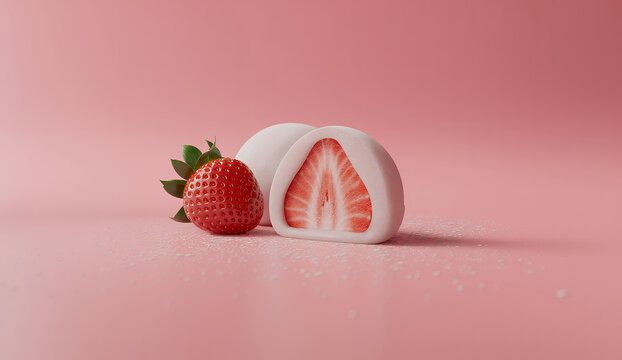 Strawberry mochi on pink background with fresh strawberry japanese dessert