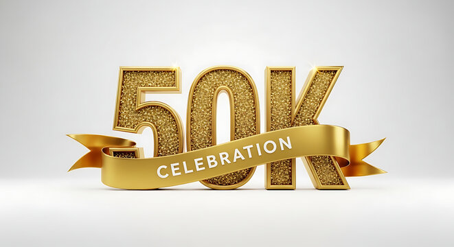 50k celebration golden 3d numbers with ribbon isolated on white background