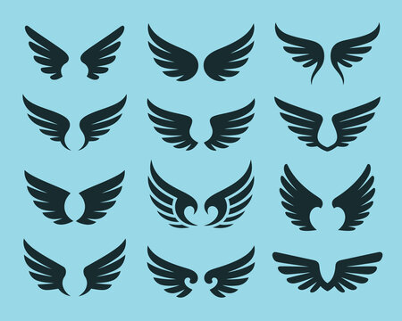 Angel wings icons set, freedom festival poster, aviation day celebration graphic, fantasy logo maker, guardianship symbol, spiritual theme vector illustration