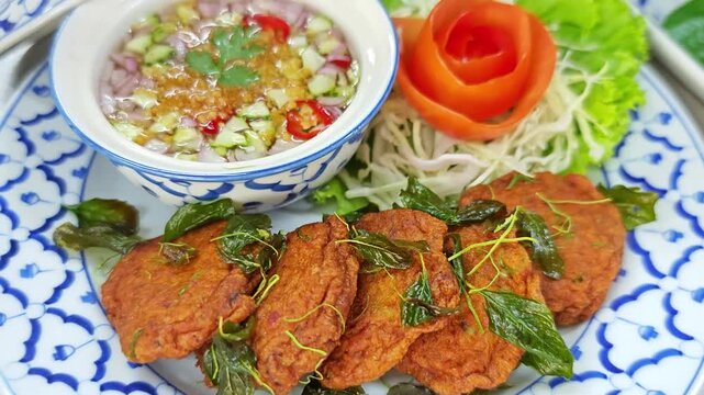 Tod Mun Pla, authentic Thai fish cakes with spicy cucumber relish (Ar-Jad) in a traditional ceramic plate.