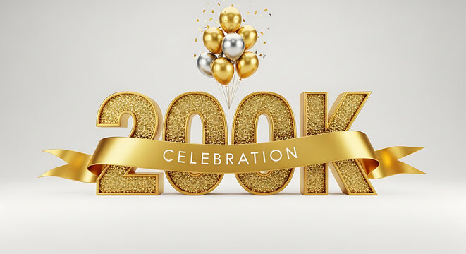 3d rendering of 200k celebration text with golden balloons and ribbon isolated on white background