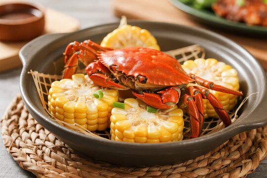 Steamed crab and corn on the cob served in a clay pot