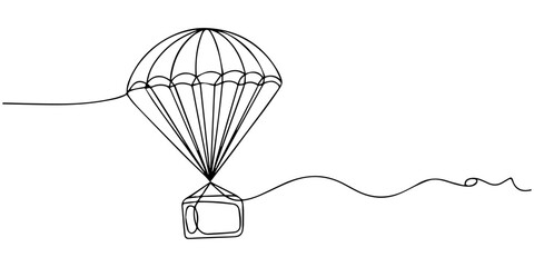 Continuous one line drawing of a delivery with a parachute jumping down from the air. Online shopping concept, fast delivery by parachute carrying box in doodle style. vector illustration © JCS Graphic Design 