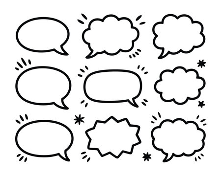 Talk bubble and caption shapes, comic style dialog frames, announcement callouts, hand drawn vector set for presentations and prints