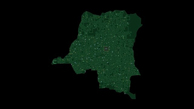 Circuit board map animation of Democratic Republic of the Congo &ndash; Digital PCB Territory Visualization, Technology, Communication